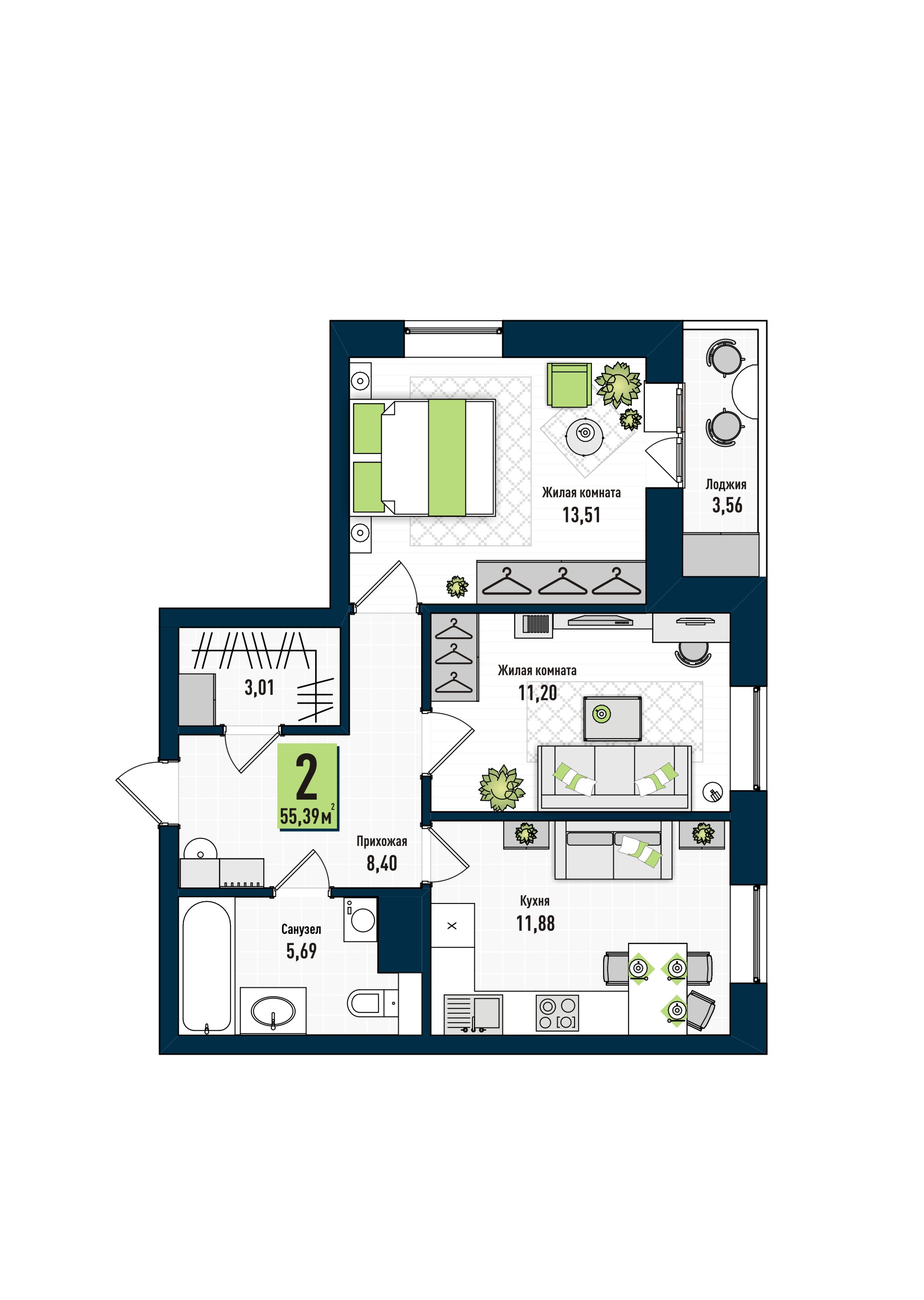 планировка квартиры 55 м2